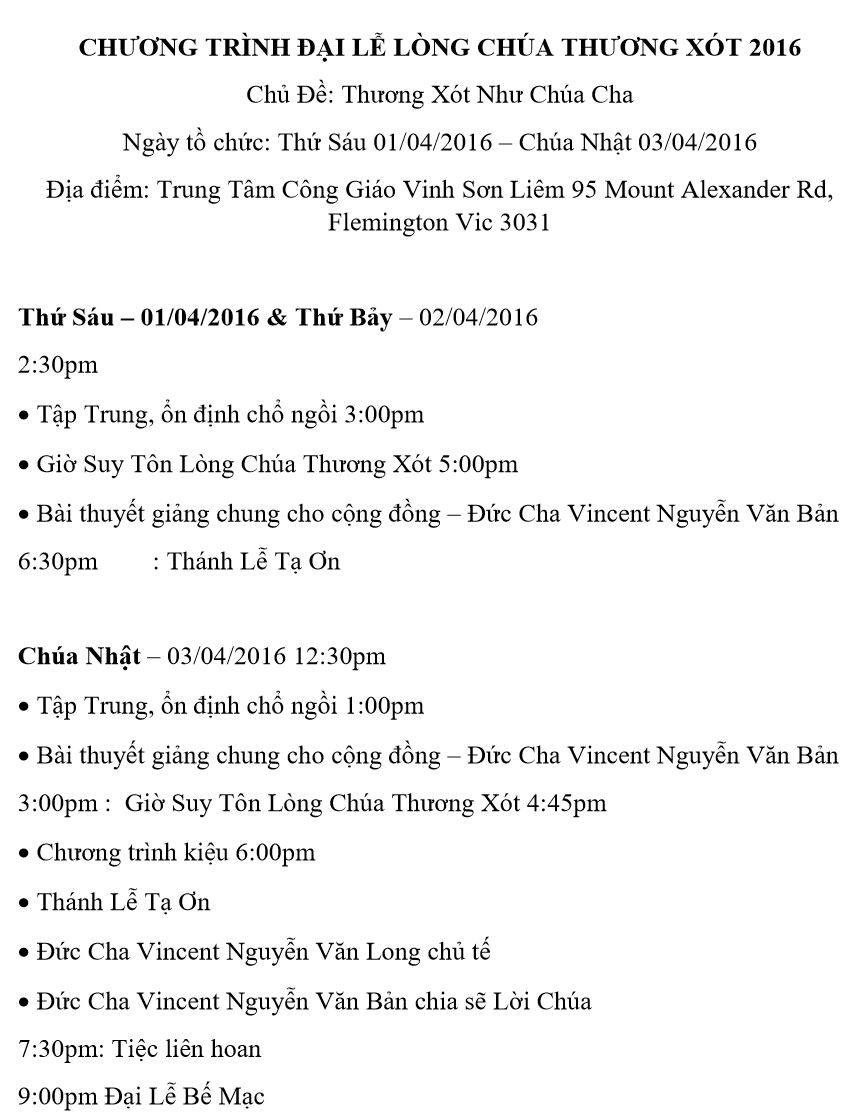 CHƯƠNG TRÌNH ĐẠI LỄ LÒNG CHÚA THƯƠNG XÓT  2016